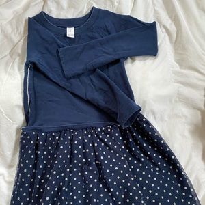 Navy tutu jersey dress with silver polka dots